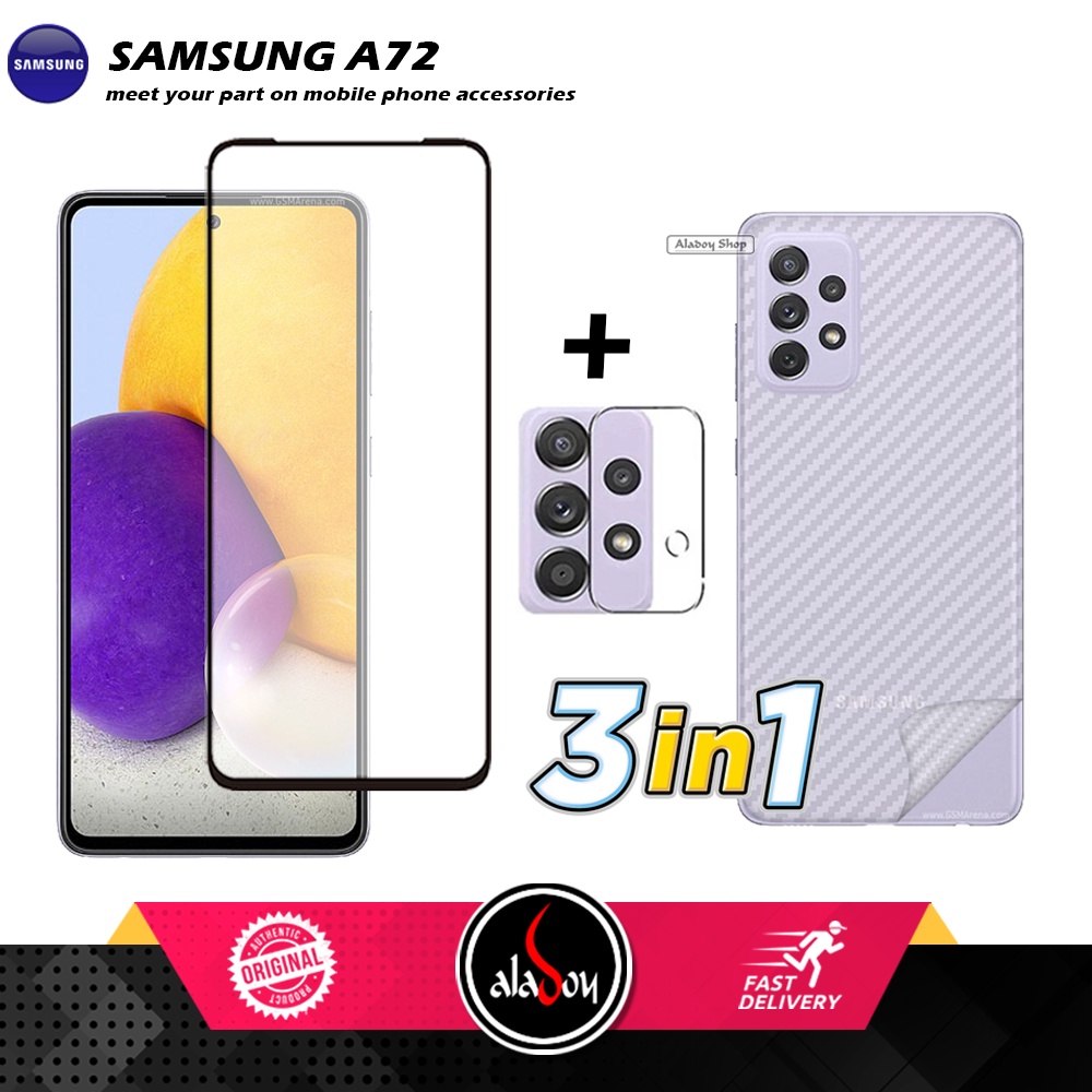 PAKET 3 IN 1 Tempered Glass Layar Samsung A72 2021 Free Tempered Glass Camera dan Skin Carbon 3D