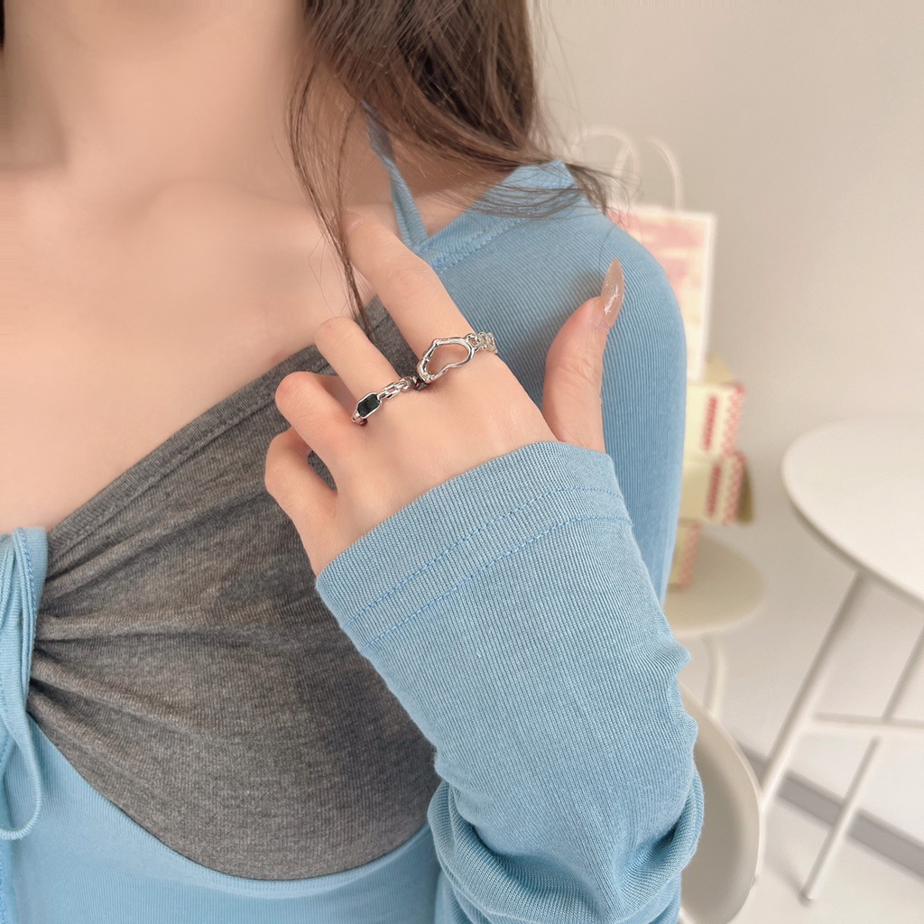 Set Cincin Model Terbuka Warna Hitam Gaya Korea