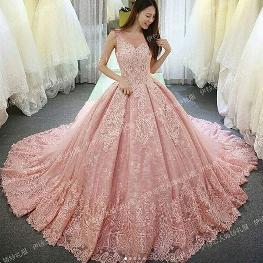 Gaun Pengantin Kebang Warna Pink Wedding Gown Bahan Brokat Baju