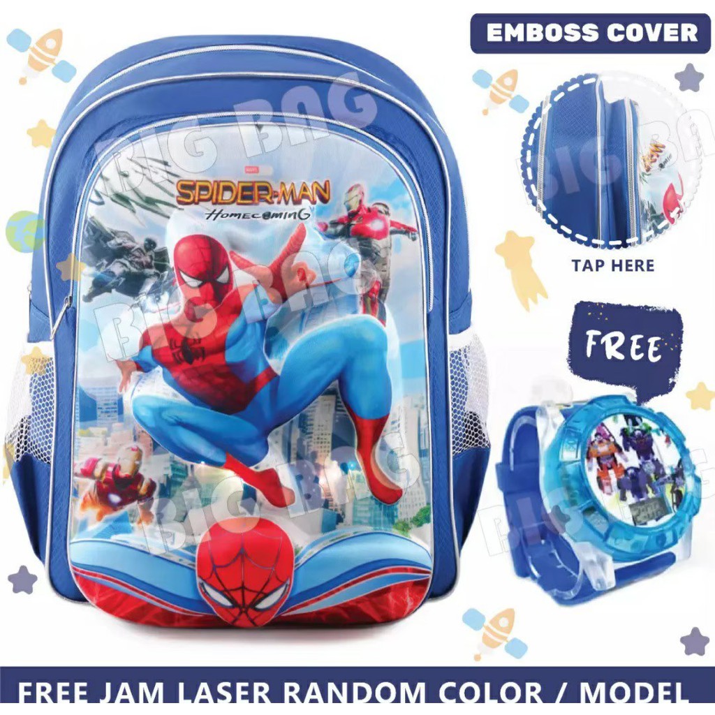 Tas Ransel Sekolah Embos 3D Anak Laki Laki Paud TK SD Free Jam Tangan Laser