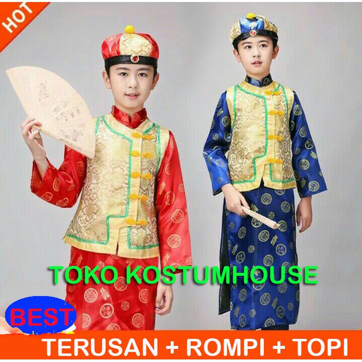 Baju Cheongsam shanghai imlek untuk anak laki warna merah, rompi, topi