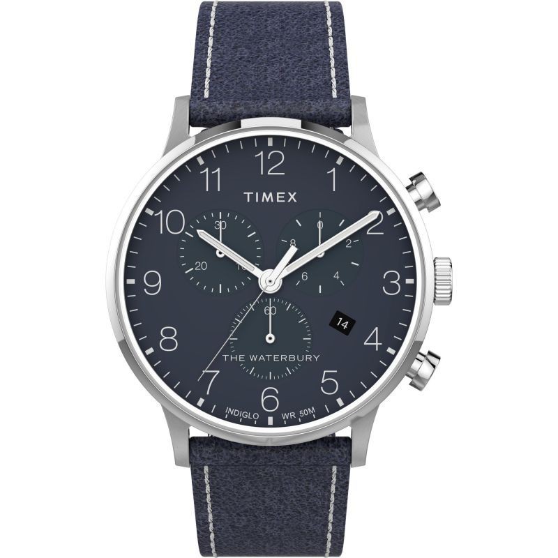 Jam Tangan Pria Timex Waterbury Classic TW2T71300 Chronograph Men Dark Blue Dial Leather Strap