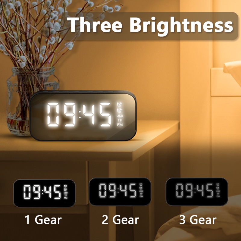LED Alarm Clock Mirror Bluetooth Speaker Adjustable Brightness Temperature Display Answer By Phone