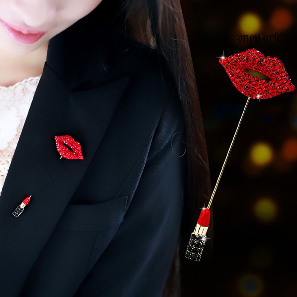 OW@ Red Lips Lipstick Rhinestone Inlaid Brooch Pin Women Cardigan Shawl Breastpin