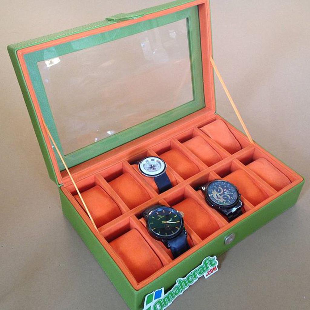 Kotak Jam Tangan isi 12 Warna Hijau Oren  Box Tempat Jam Tangan
