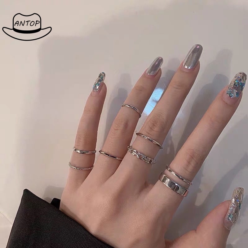 7pcs / Set Cincin Rantai Emas Model Terbuka Gaya Retro Korea Untuk Aksesoris Perhiasan ANTOP