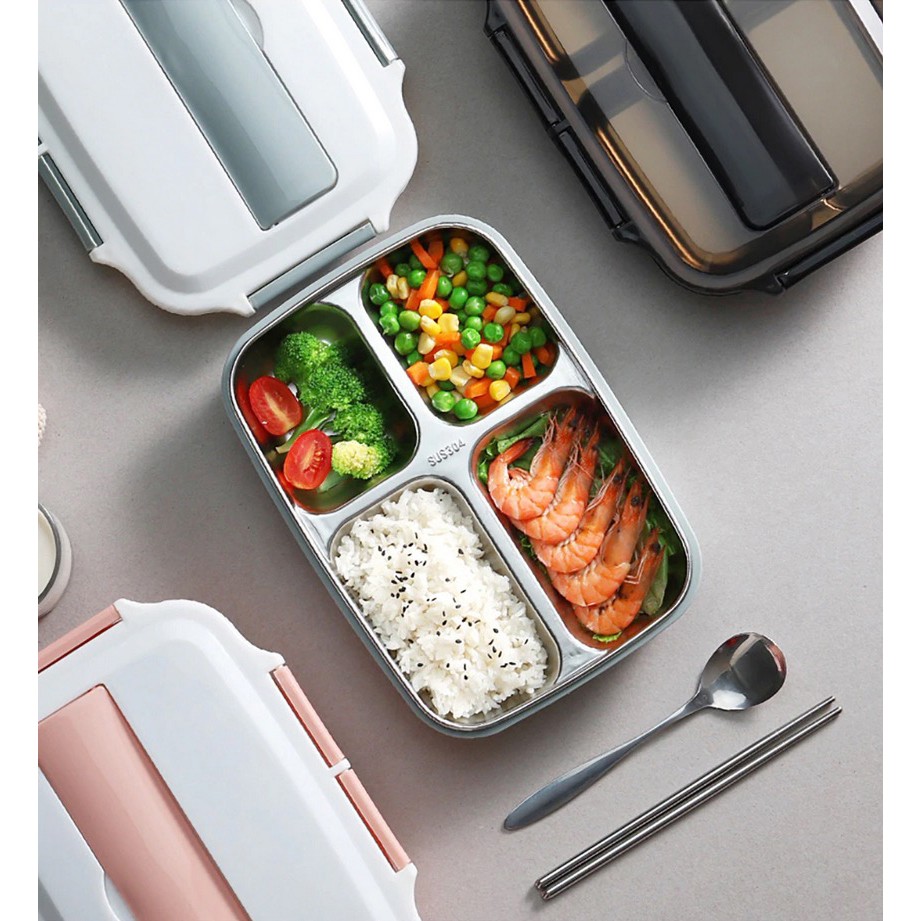 ONEUP Kotak Makan Stainless Steel Healthy Bento Lunch Box 1000ml 3 Grid with Spoon &amp; Chopstick