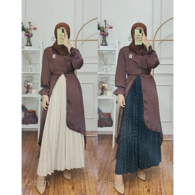 POLKA PLEATS SKIRT & TUNIC SATIN BROWN / ROK PLISKET POLKADOT MURAH