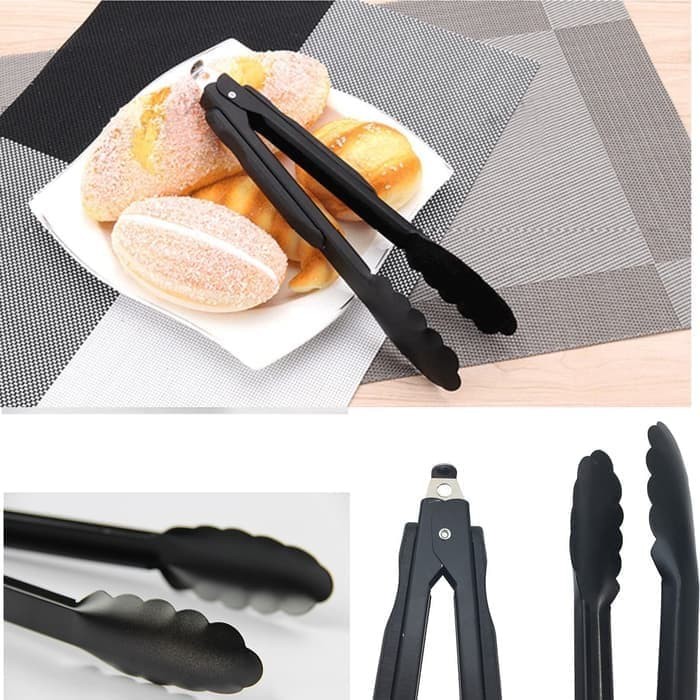 Hitam Capitan Makanan Stainless 23CM / 9inch capit makan (kunci atas)