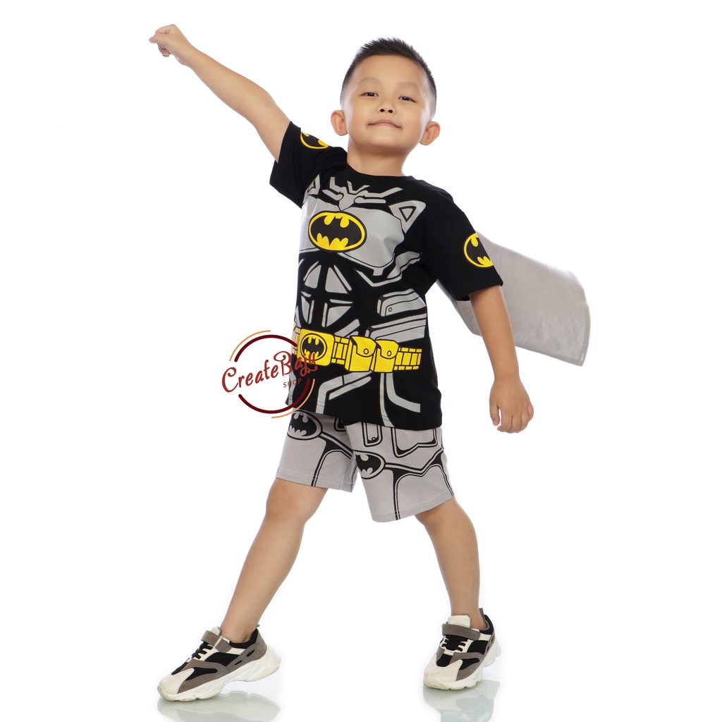 Setelan Baju Kostum Batman Lengan Pendek Anak Umur 1 - 11 Tahun Gratis Topeng KE8