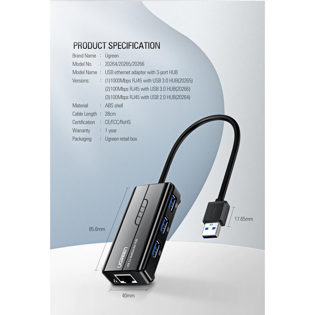 UGREEN 20265 USB 3.0 Wired Gigabit Lan Adapter with 3 Ports USB HUB