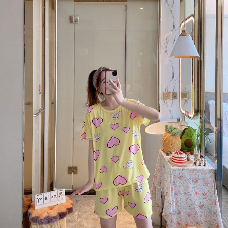NEW SET PIYAMA IMPORT / SLEEPWEAR / BAJU TIDUR MURAH-Set love kuning