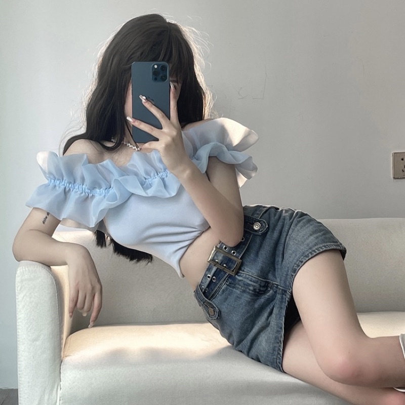 Ariya Top (Korean Blue Ruffle Sabrina Top Import)