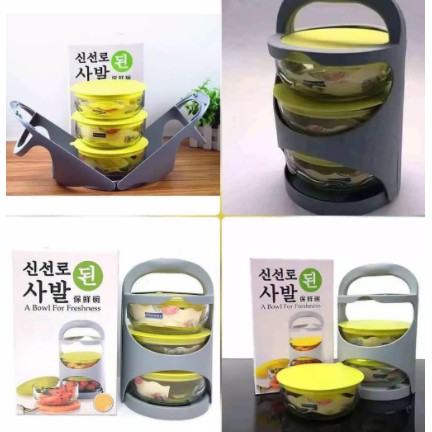 RANTANG BOWL SET PIKNIK OLLA BOWL ALX4 - MANGKOK SET KACA 3 SUSUN Rantang Kaca Bulat