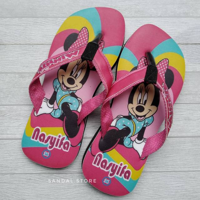 SANDAL CUSTOM NAMA KARAKTER MINIE MOUSE ANAK/DEWASA FREE CUSTOM SUKA SUKA