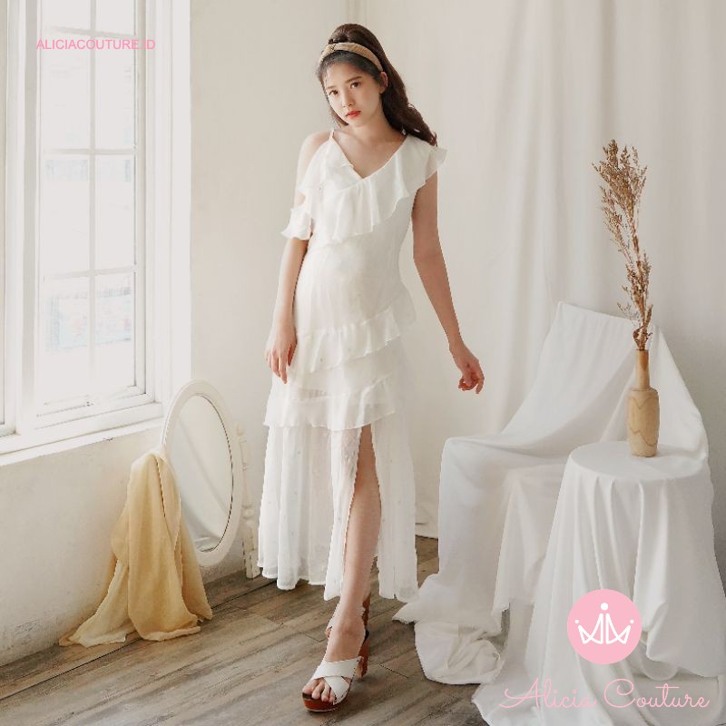 Alicia Couture - Narumi White Dress  - Maxi Dress Sifon Party Kasual - Long Dress Party Wanita