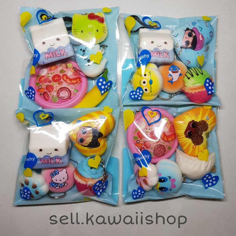 Squishy paket isi 5 pcs mini & medium | pizza ice cream lol bun keychain panda unicorn cute 5pcs es