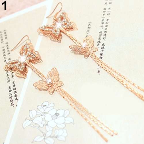 Hu Hu Hu Hu Hu Alat Bantu Pasang Kacamata♡ Anting Kait Gantung Panjang Wanita Model Butterfly Rumbai Lapis Ganda Hias Berlian Imitasi