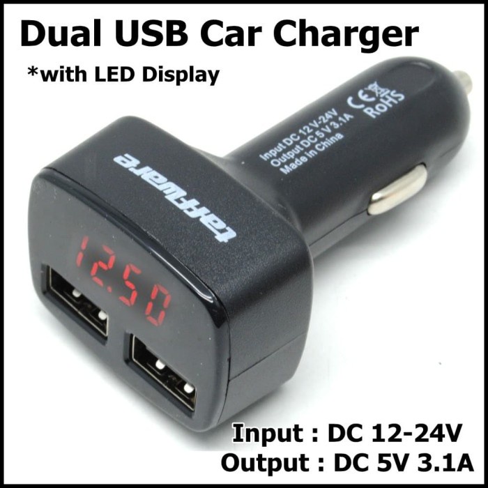 Taffware Dual USB Car Charger with LED Display EC2 Black