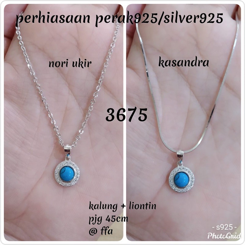 Kalung+ liontin batu biru 3675 putih perak 925