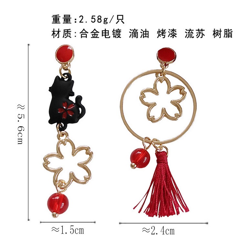 Kitten Cat Flower Asymmetrical Long Tassel Pendant Rhinestone Painting Oil Stud Earrings Korean Fashion Jewelry Ladies Cute Accessories