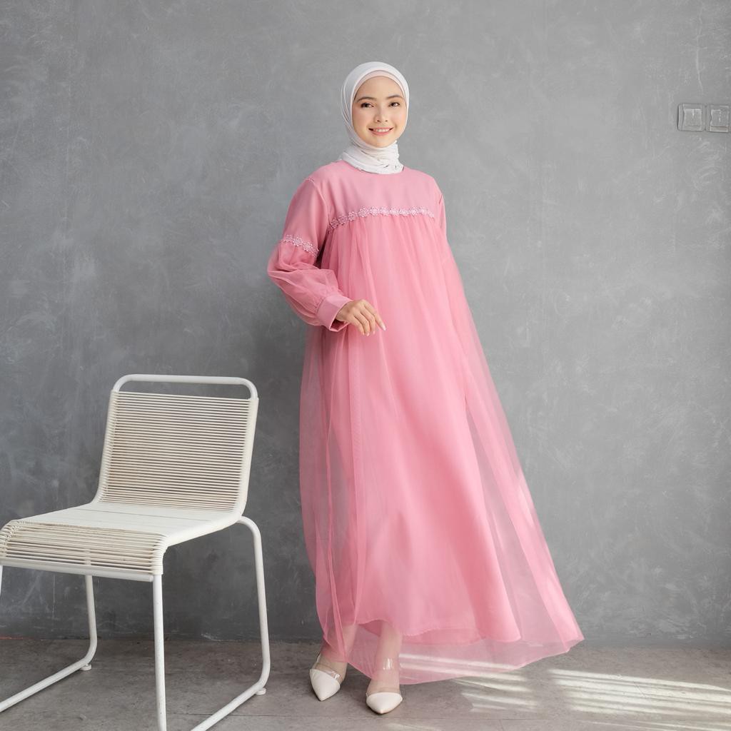 Maxi Nuraini / Dress Nuraini / Dress Maxi Moscrepe kombi Tile &amp; renda / Gamis Muslim Terbaru