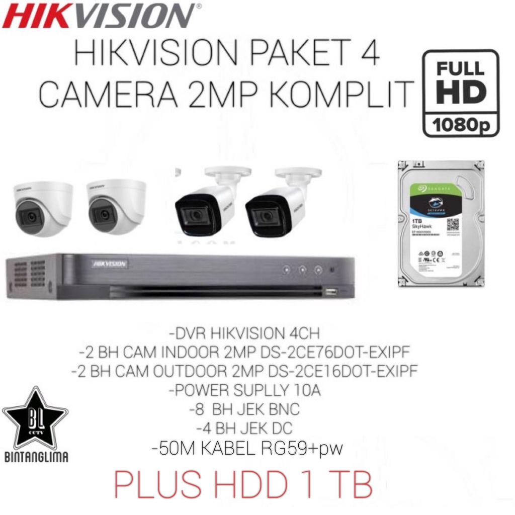 HIKVISION PAKET CCTV 4 CAMERA 2MP KOMPLIT