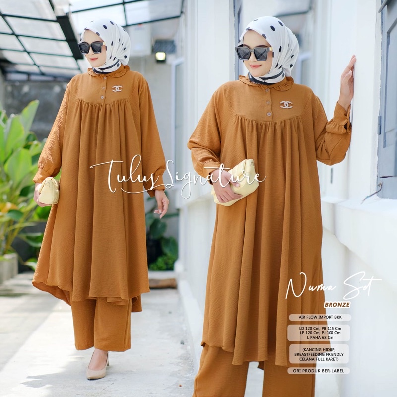 FIKRI NUMA KYRA SYADINDA ONE SET SETELAN WANITA BAHAN AIR FLOW crinkle ori by ori naura tulus signature-Numa bronze