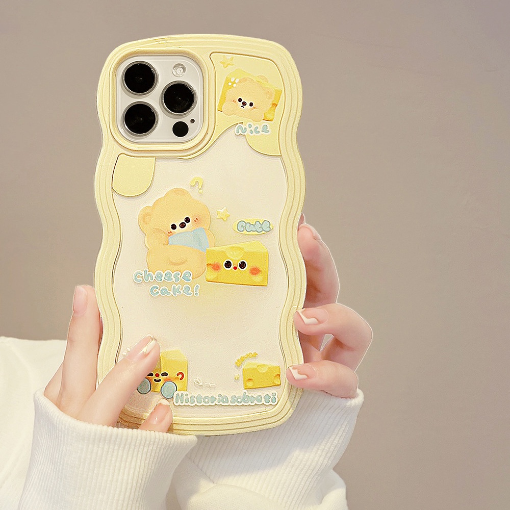 Cheese Bear Light Yellow Twist Wave Shaped Lembut 2in1 Transparan Casing Ponsel Cover Untuk Iphone X XR XS 11 12 13 14 PLUS PRO MAX