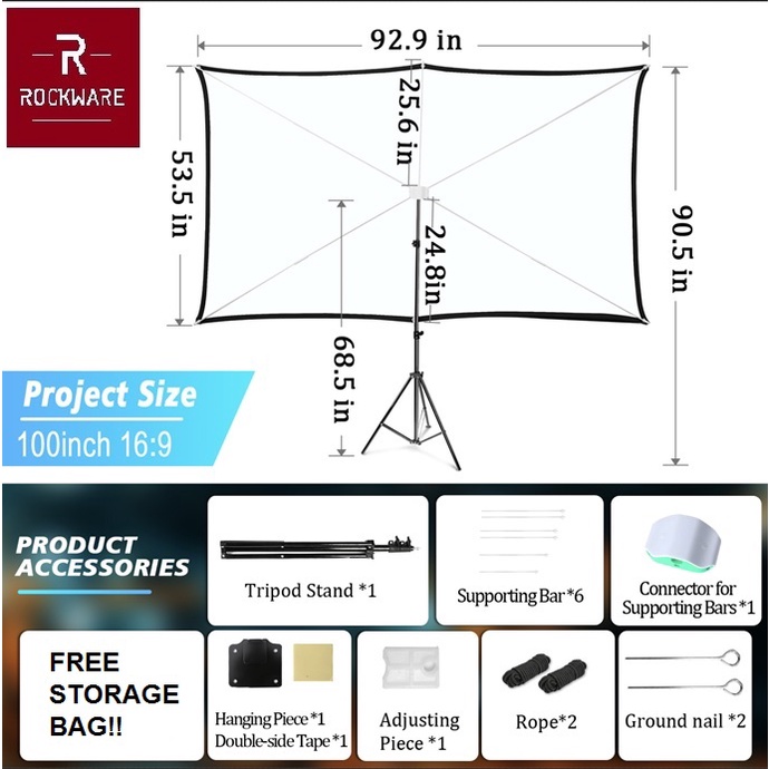 ROCKWARE Layar Proyektor 100 inch PVC Fabric - FREE Stand dan Tas