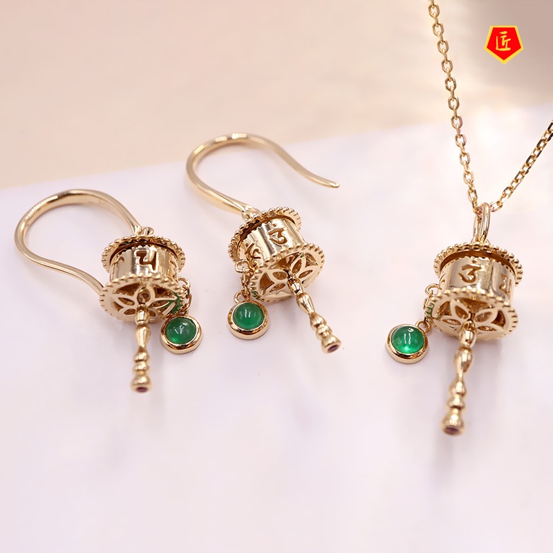 [Ready Stock]Prayer Wheel Blessing Necklace Natural Emerald Earrings