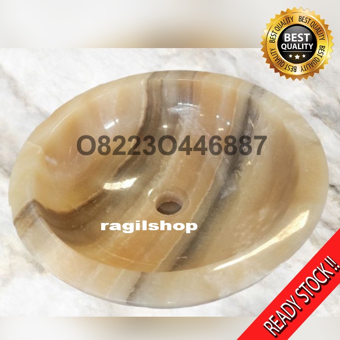 Wastafel Batu Onyx Bulat Kwalitas Bagus Halus Licin Kilap Afur Sifon Saluran Pipa Standar Ukuran Tam