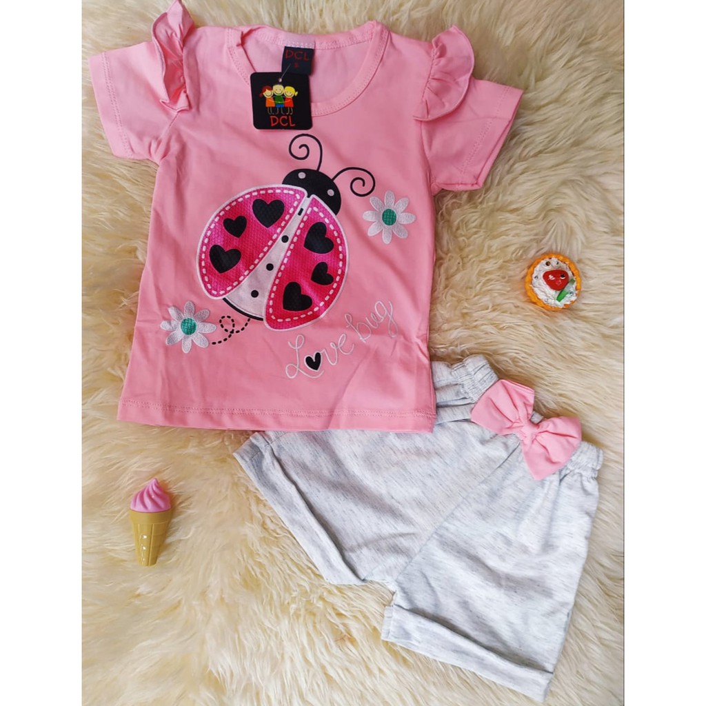 SETELAN BAJU ANAK PEREMPUAN USIA 1-4 TAHUN CELANA HOTPANT MOTIF LADYBUG