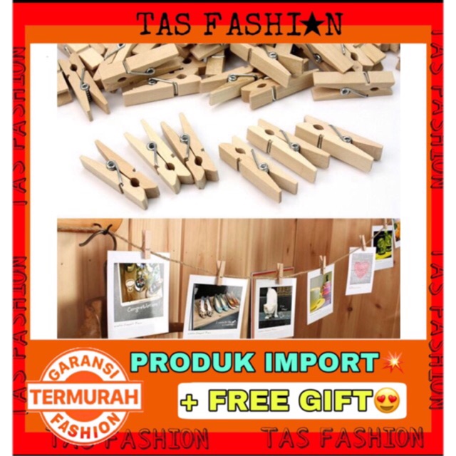 TAS FASHION OFFICIAL - 1 pack isi 20pcs WOODEN CLIP JEPITAN KAYU IMPORT PENJEPIT FOTO