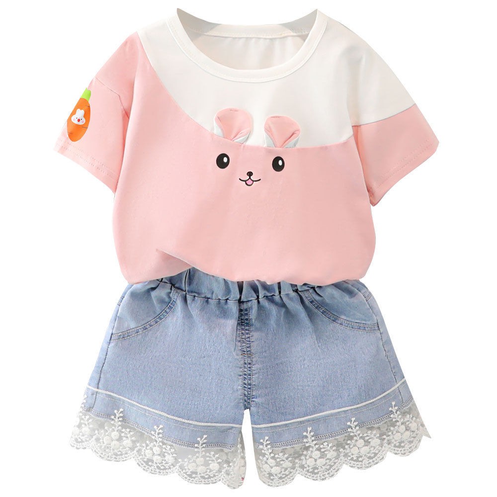 KF Cat Setelan Anak Perempuan Celana Jeans Pendek + Kaos  Lucu Bahan Cotton Import Umur 9bln -3 tahun Sets-8