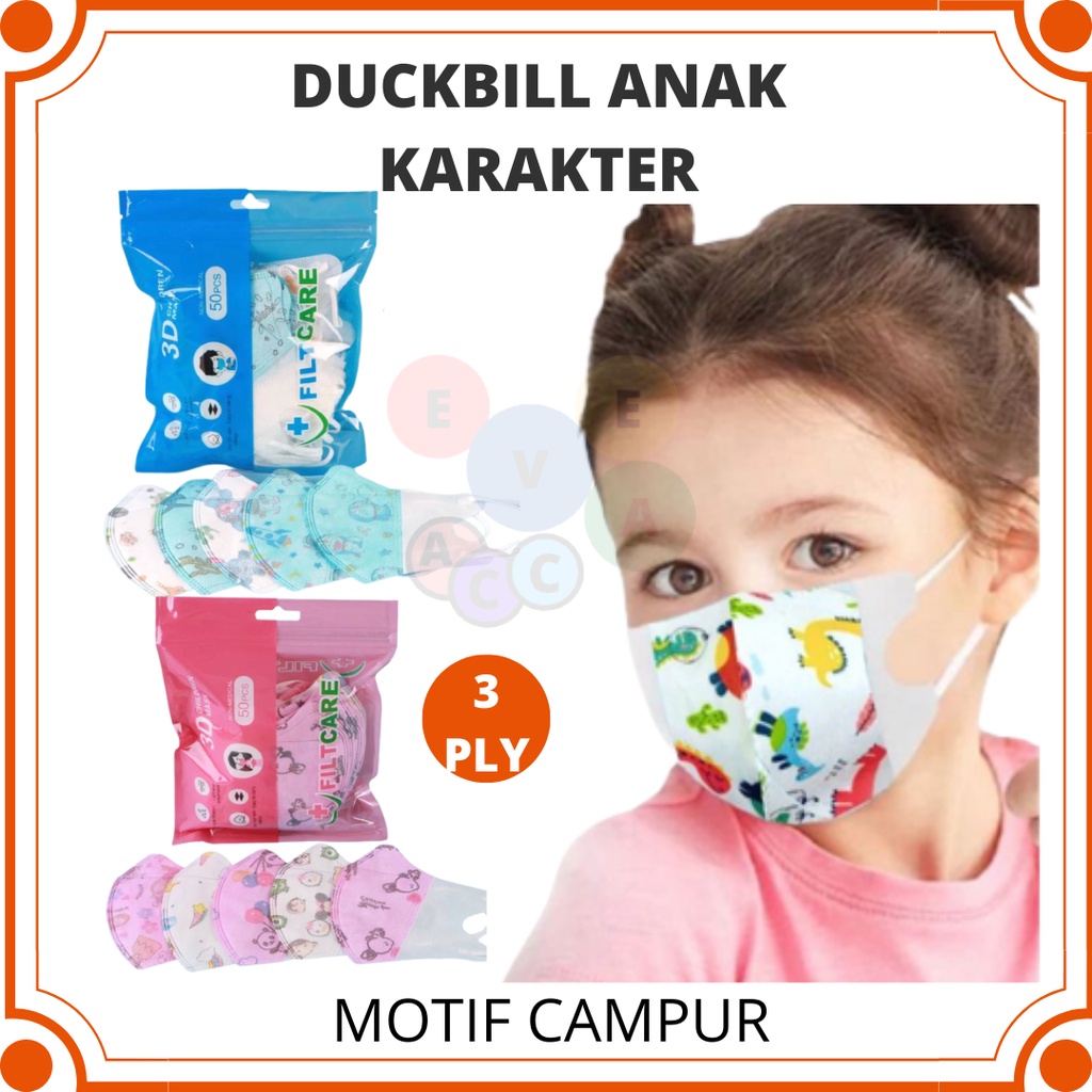 (EA)-Masker Duckbill Anak Isi 50pcs 3Ply Kids Duckbill Motif 3-12Tahun Harga Termurah