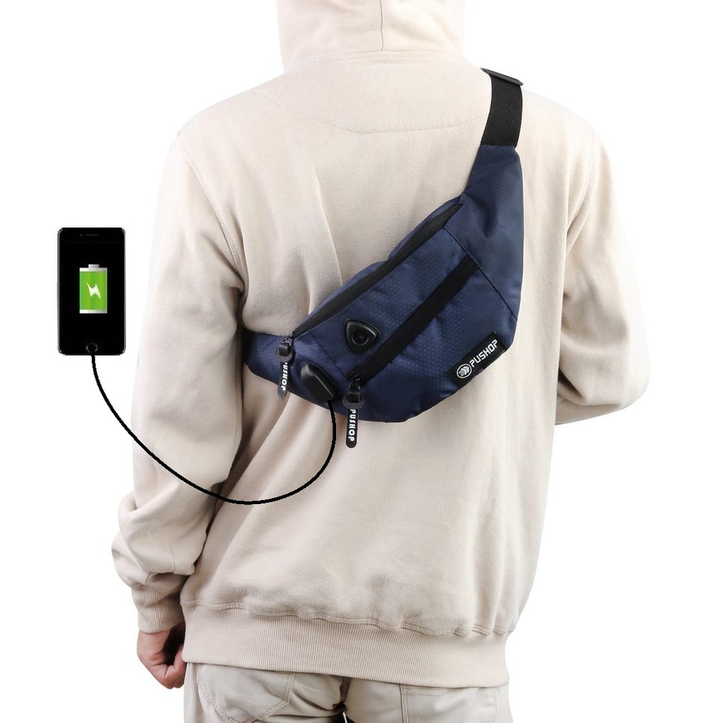 WaistBag Rijivk  USB Waterproof Premium Murah Berkualitas PUSHOP AUTHENTIC