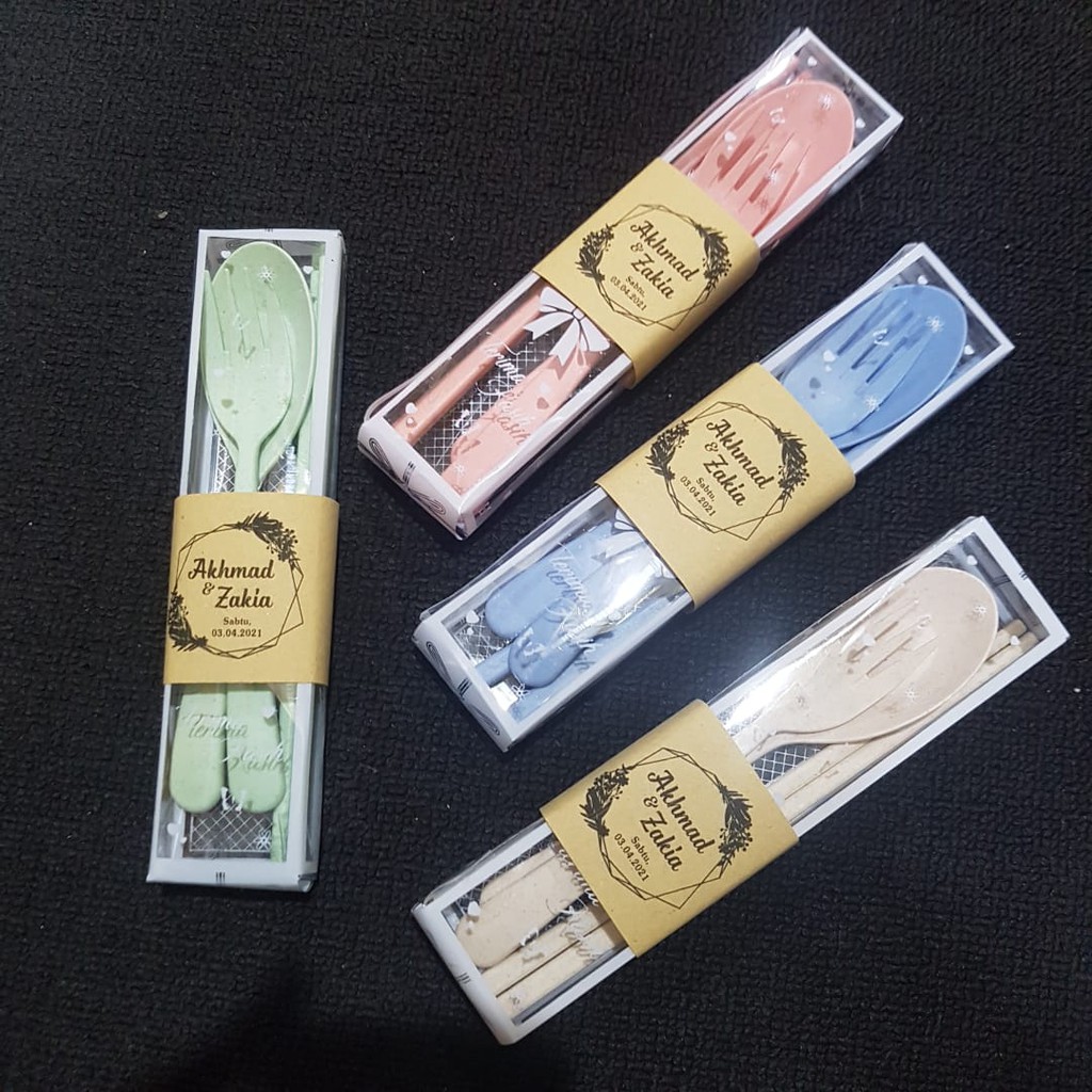 Souvenir Termurah 200 Pcs Sendok Garpu Sumpit Jerami Import Mika Motif /Dus Coklat Free Nama Di Kert