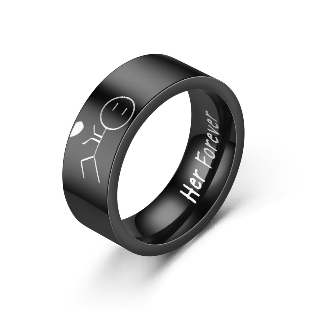 Cincin Desain Tulisan Her Forever His Always I Love You Bahan Titanium Silver Hitam Untuk Pasangan