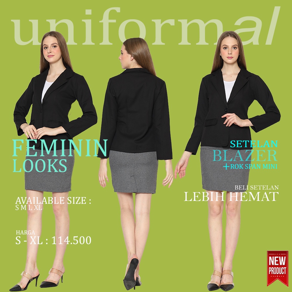 Setelan Blazer Formal Dan Rok Mini 3/4 Hitam Dan Abu Blezer Wanita Satu One Set Bahan Gabardine