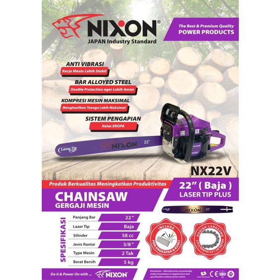 MESIN CHAIN SAW NIXON 22" BAR BAJA  / MESIN SENSO NIXON 22" BAR BAJA / MESIN CHAIN SAW