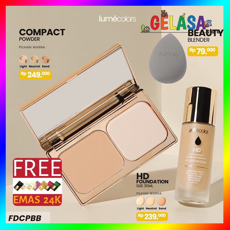 (Free Emas) Lumecolors Paket Hemat Bundling Foundation Compact bedak padat Beauty Blender