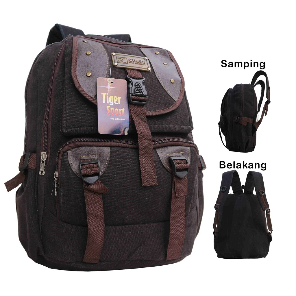 Tas Ransel Backpack Distro Kanvas Guess Warna Coklat Tua Ransel Pria Wanita Keren Bahan Tebal Berkualitas