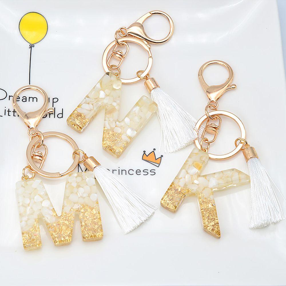 Lanfy 26huruf Gantungan Kunci Lucu Glitter Gradiasi Ornamen Perhiasan Putih Rumbai Liontin Kristal Alfabet Key Chain