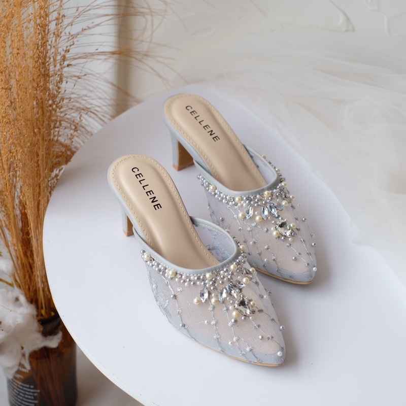 𝗖𝗘𝗟𝗟𝗘𝗡𝗘 Safir Beads Heels 3 color / Wedding shoes 7cm payet selop sepatu pernikahan 3warna