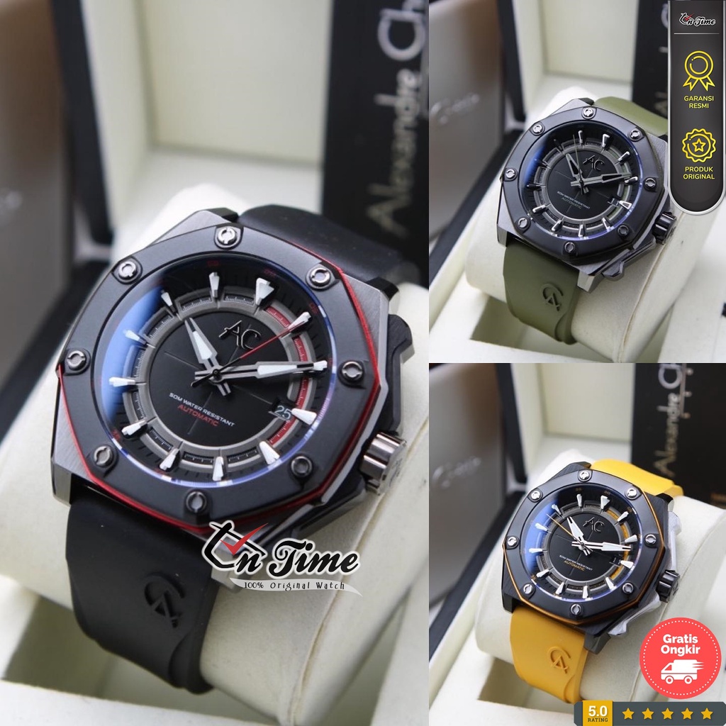 Alexandre Christie AC 9601 MAR Automatic Jam Tangan Pria Rubber Ori
