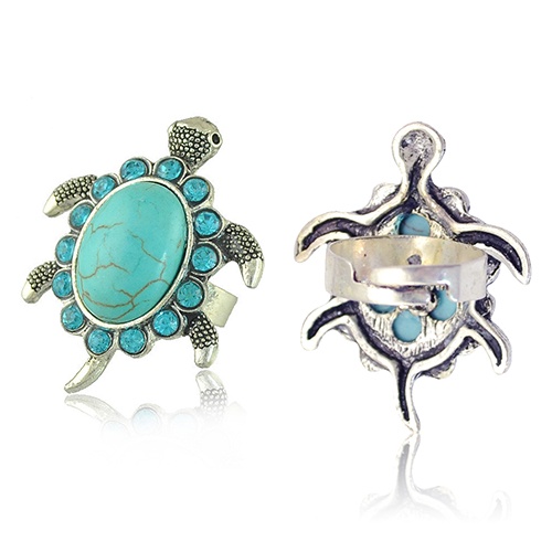 Hu Hu Hu Hu Hu Alat Bantu Pasang Kacamata♡ Cincin Jari Desain Kura-Kura Turquoise Biru Aksen Berlian Imitasi Untuk Wanita