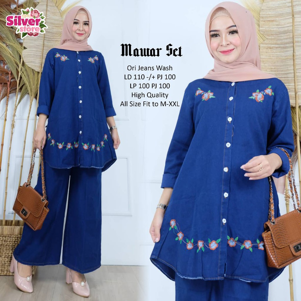 Mawar Set / Setalan Tunik dan Kulot Jeans fit M to xxl / Setelan Baju wanita Jumbo / One set jeans