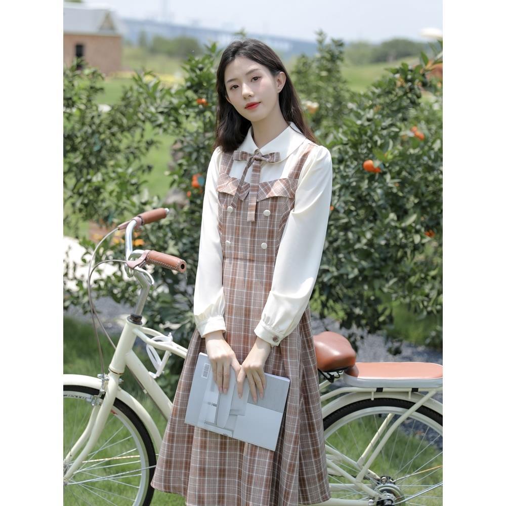 New women's fake two piece set waist French retro Plaid long sleeve early autumn temperament dress l