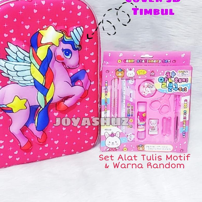 ✼ Tas Sekolah Anak Unicorn 3 Dimensi Gratis Set Alat Tulis / Ransel Unicorn / Tas Karakter Anak ♦